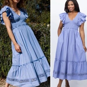 Cleobella Gladys Ankle Dress Periwinkle Smocked Ruffle Organic Cotton XS